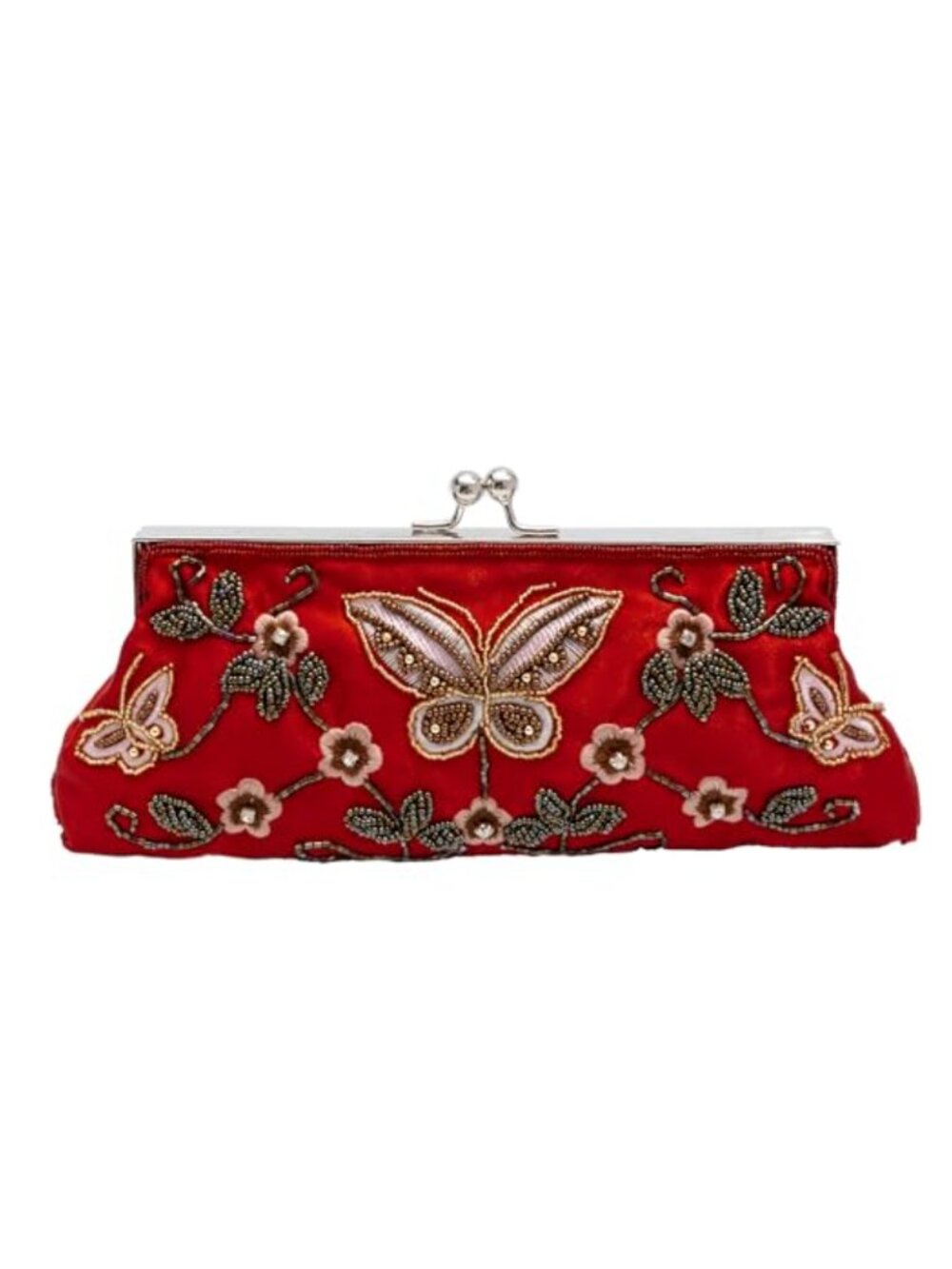 Beaded Butterfly Floral Embroidered Evening Bag Kiss-Lock Clutch with Chains